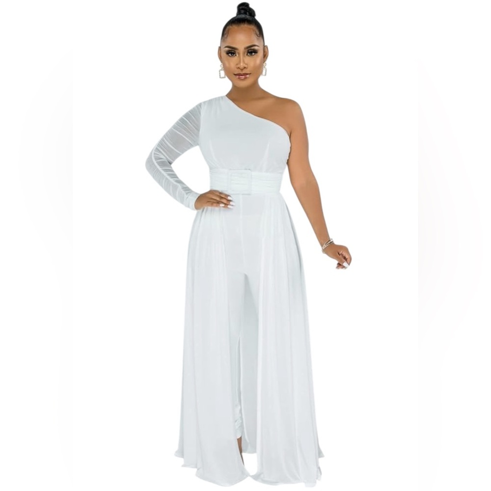 One-Shoulder White mesh Jumpsuit